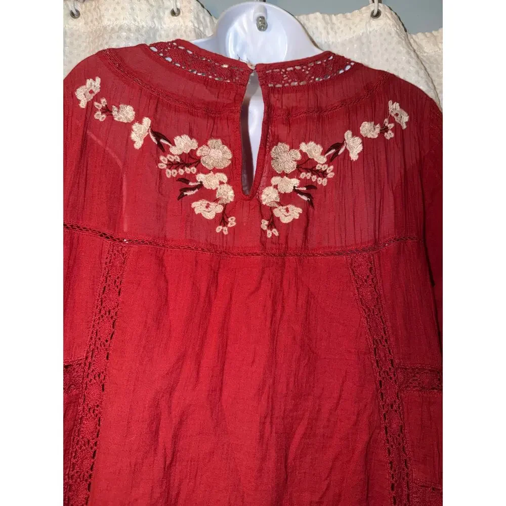 Free People Embroidered Cotton Gauze Boho Mini Dress Large Rust Red - Picture 6 of 7